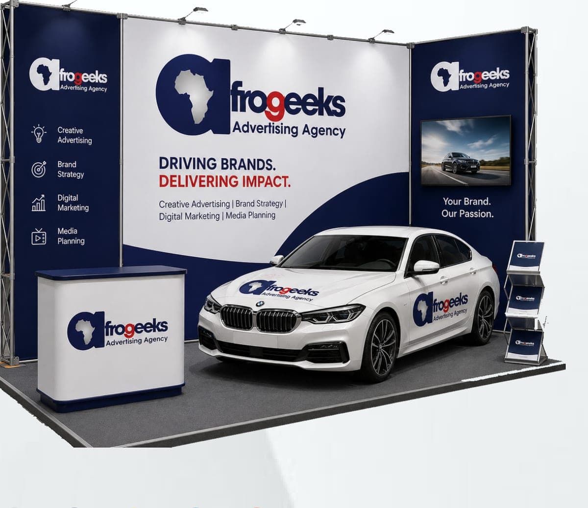 Exhibition stand and branded car mockups from the AfroGeeks company profile