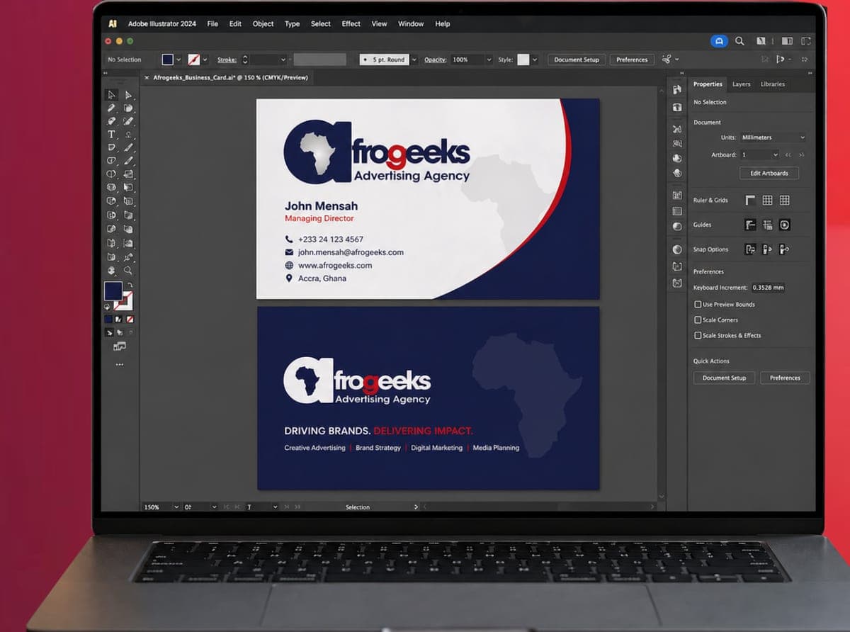 Design workspace with an AfroGeeks business card open in design software, from the company profile