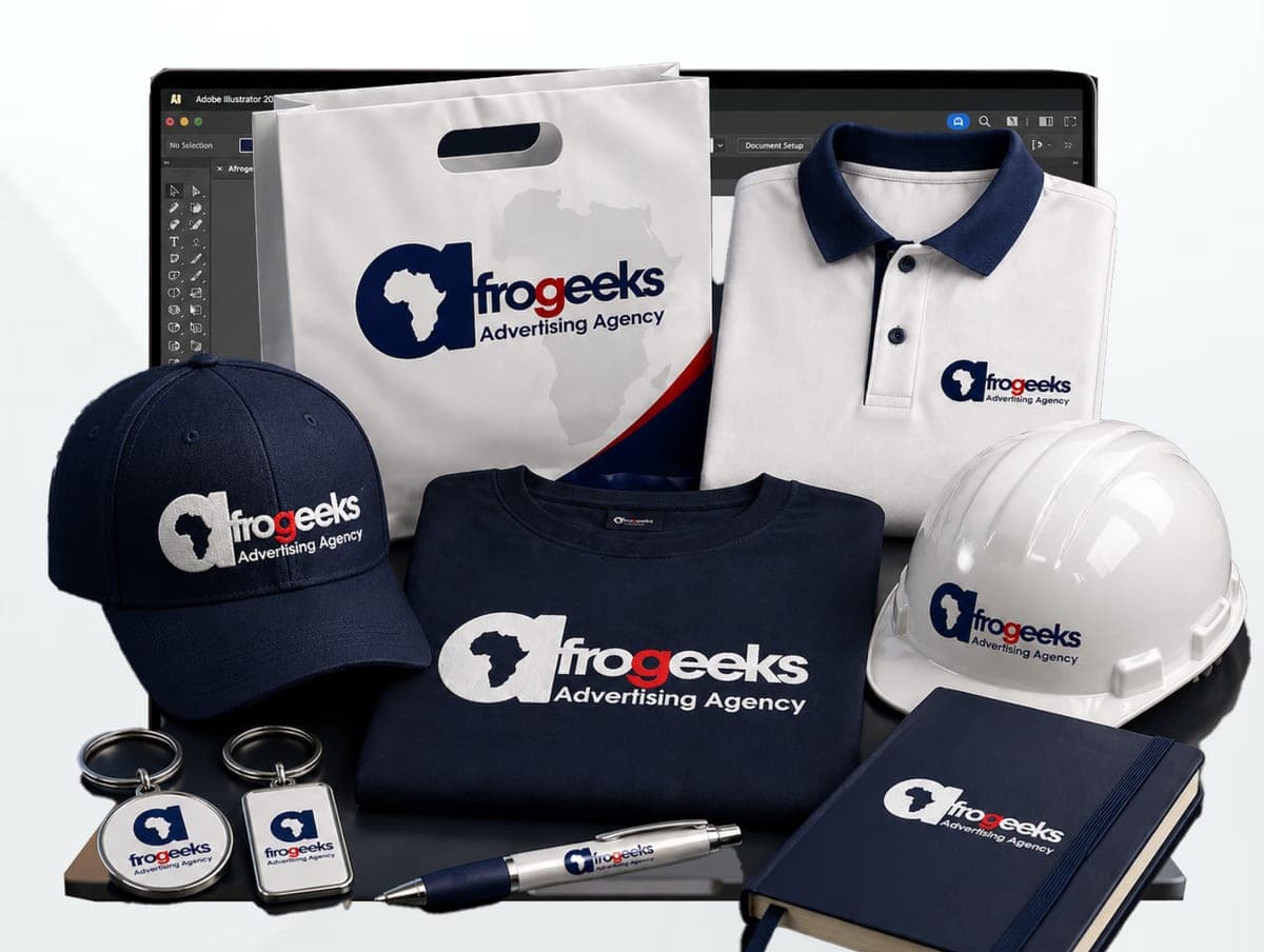 Branded caps, T-shirts, gift bags, notebooks, pens, and safety gear from the AfroGeeks company profile