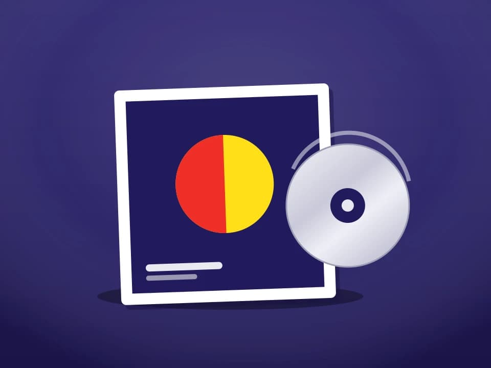 Compact disc sliding out of a printed album sleeve